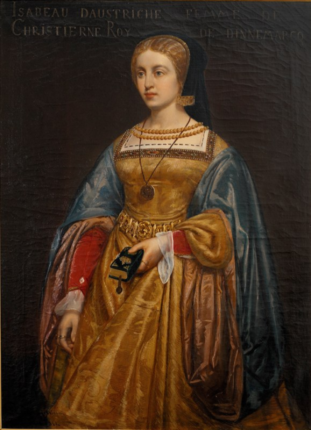 Gemälde von Isabella daustriche von Christierne Roy, das eine Frau in einem goldenen Kleid mit detaillierten Verzierungen zeigt, deren Haar zu einem ordentlichen Knoten gebunden ist, mit einem majestätischen und würdevollen Gesichtsausdruck.