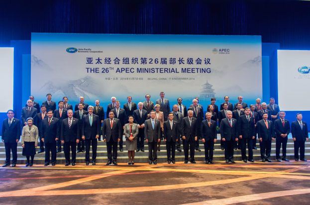 Gruppe von Menschen in formeller Kleidung auf einer Bühne mit einem Hintergrundbild "Asia Pacific Economic Cooperation Summit"