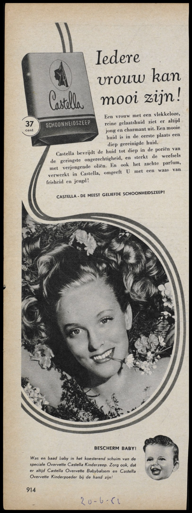 Werbung für Castella-Seife mit einer Frau, die strahlt, mit Text auf dem Plakat
