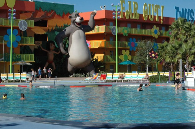 Ein Schwimmbad mit blauem Wasser und schwimmenden Menschen, mit entfernten Cartoons und Polen im Hintergrund.