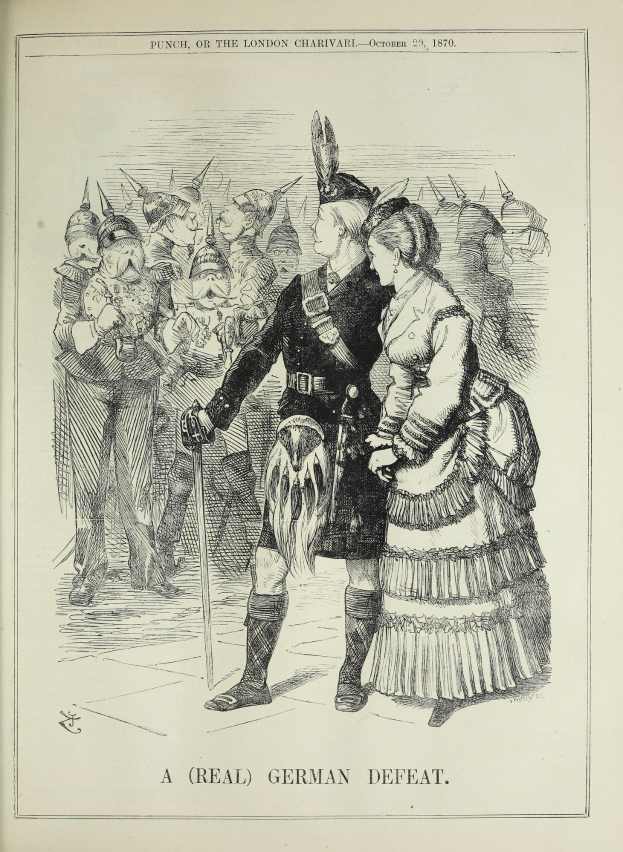 Ein Mann und eine Frau stehen vor einer Menge, der Mann hält einen Stock in der Hand, auf einem Papier mit deutscher Schrift und Zahlen, die eine Niederlage anzeigen.