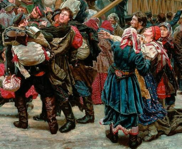 Gemälde zeigt eine lebhafte Szene von Menschen in traditioneller russischer Kleidung während der russischen Revolution, einige halten Gegenstände, vor einer Menge und einem Holzhaus.