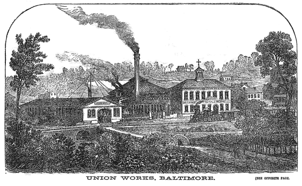 Schwarze und weiße Zeichnung der Union Works in Baltimore, Maryland, mit Gebäuden, Bäumen und Rauch im Hintergrund und Text unten.