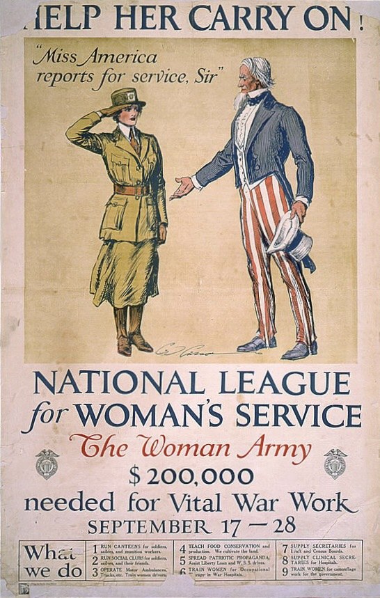 Plakat für die Nationale Liga für Frauen-Dienst mit zwei Personen nebeneinanderstehend und Text mit Informationen über die Organisation.