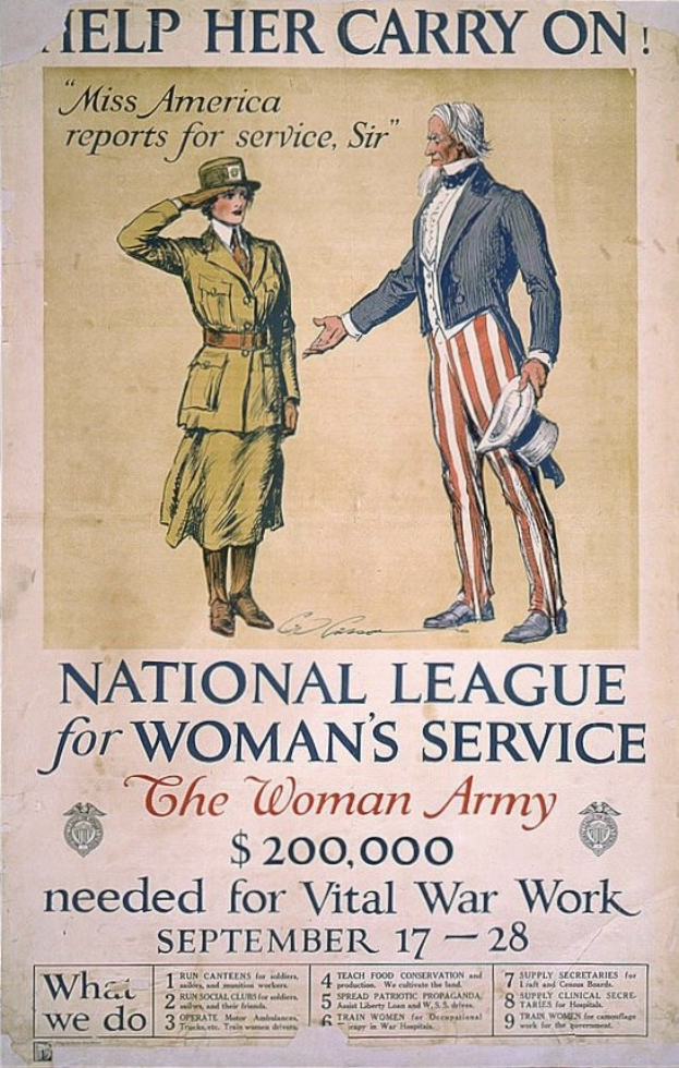 Plakat für die Nationale Liga für Frauen-Dienst mit zwei Personen nebeneinanderstehend und Text mit Informationen über die Organisation.