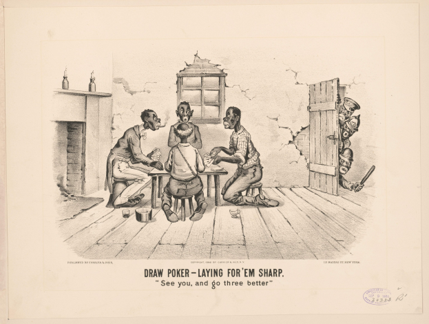 Gruppe von Menschen, die um einen Tisch Poker spielen, mit einer Wand, einem Fenster, einer Tür und verschiedenen Gegenständen im Hintergrund, und Text unten, der "Draw Poker - Laying for 'em Sharp" lautet.