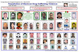 Plakat mit der überschrift "Verbrecher der mexikanischen Drogenhandelgewalt" mit Bildern verschiedener Personen und fetter schwarzer Schrift auf einem hellblauen Hintergrund.