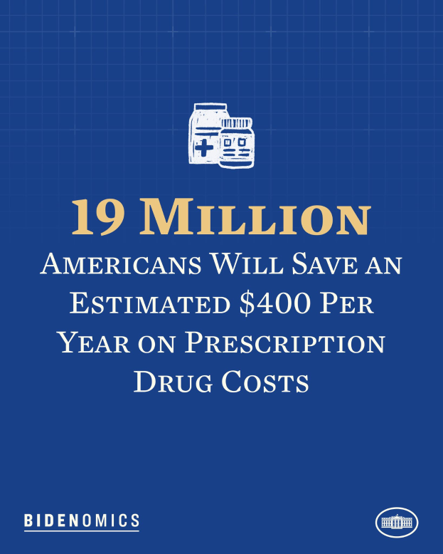 Ein blauer Hintergrund mit weißer Schrift und einem Logo, das "19 Millionen Amerikaner werden geschätzte 400 USD pro Jahr an Arzneimittelkosten sparen" lautet.