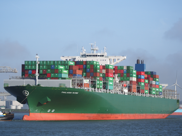 Ein großes grünes und rotes Containerschiff im Wasser, umgeben von kleineren Booten, mit Gebäuden, Windmühlen und einem klaren blauen Himmel im Hintergrund.