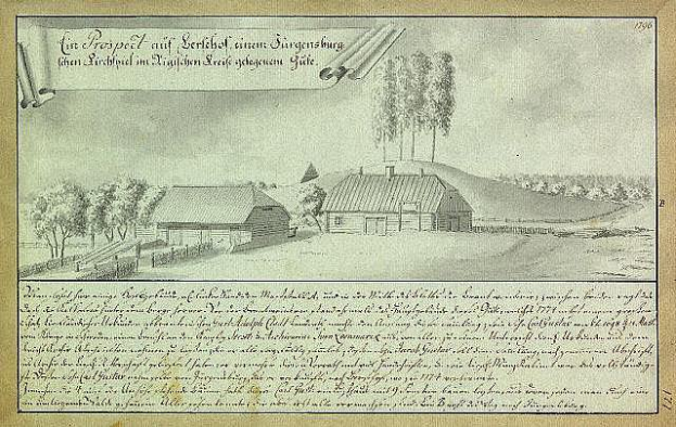 Ein altes Dokument mit einer Zeichnung eines Hofes in einem Feld, umgeben von H"usern, B"umen und einem Himmel, mit der Aufschrift "Surgensburg, Deutschland - Landschaft eines Hofes."